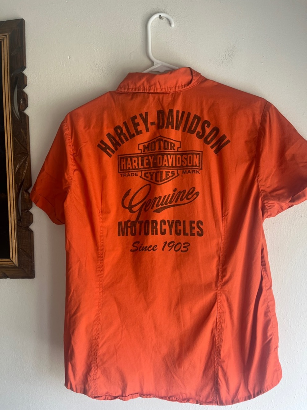 Ladies Harley-Davidson Orange Short Sleeve Button-Down with Back Logo